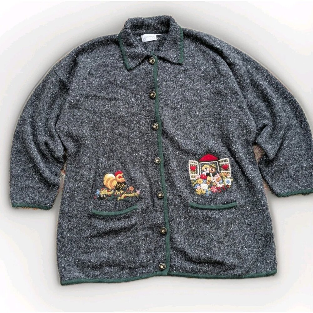 Vintage G Pisano Alpine Cardigan Jacket XL Embroidered Wool Blend Italy 80s Knit